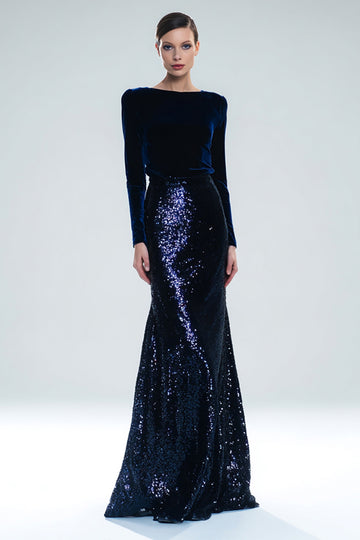 Navy Velvet Long Sleeve Bateau Neck Formal Dress With Sequins
